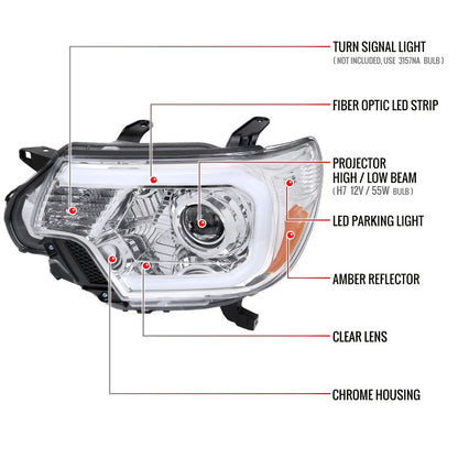 2012-2015 Toyota Tacoma LED C-Bar Projector Headlights w/ LED Parking Light (Chrome Housing/Clear Lens)