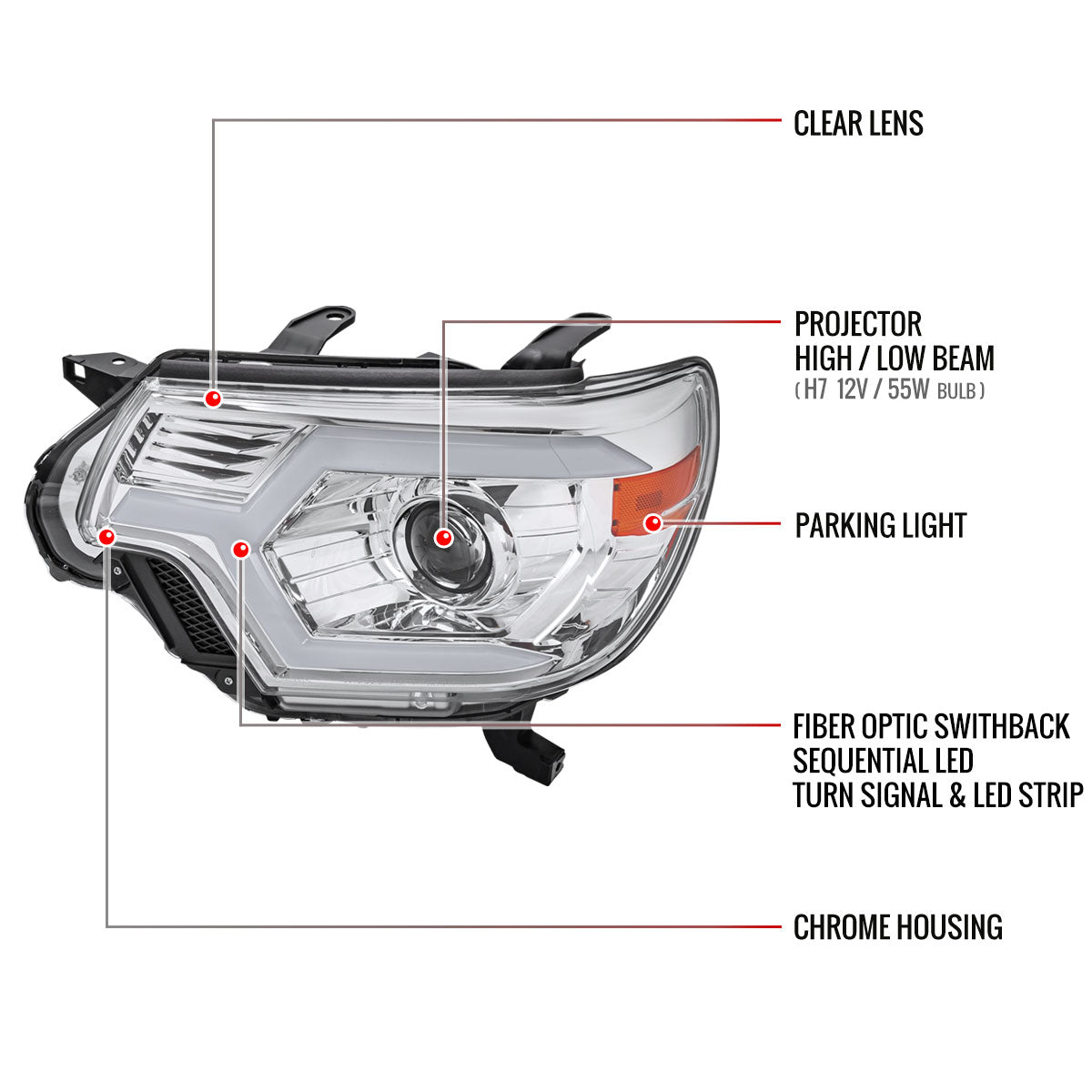 2012-2015 Toyota Tacoma Switchback Sequential LED Bar Projector Headlights (Chrome Housing/Clear Lens)