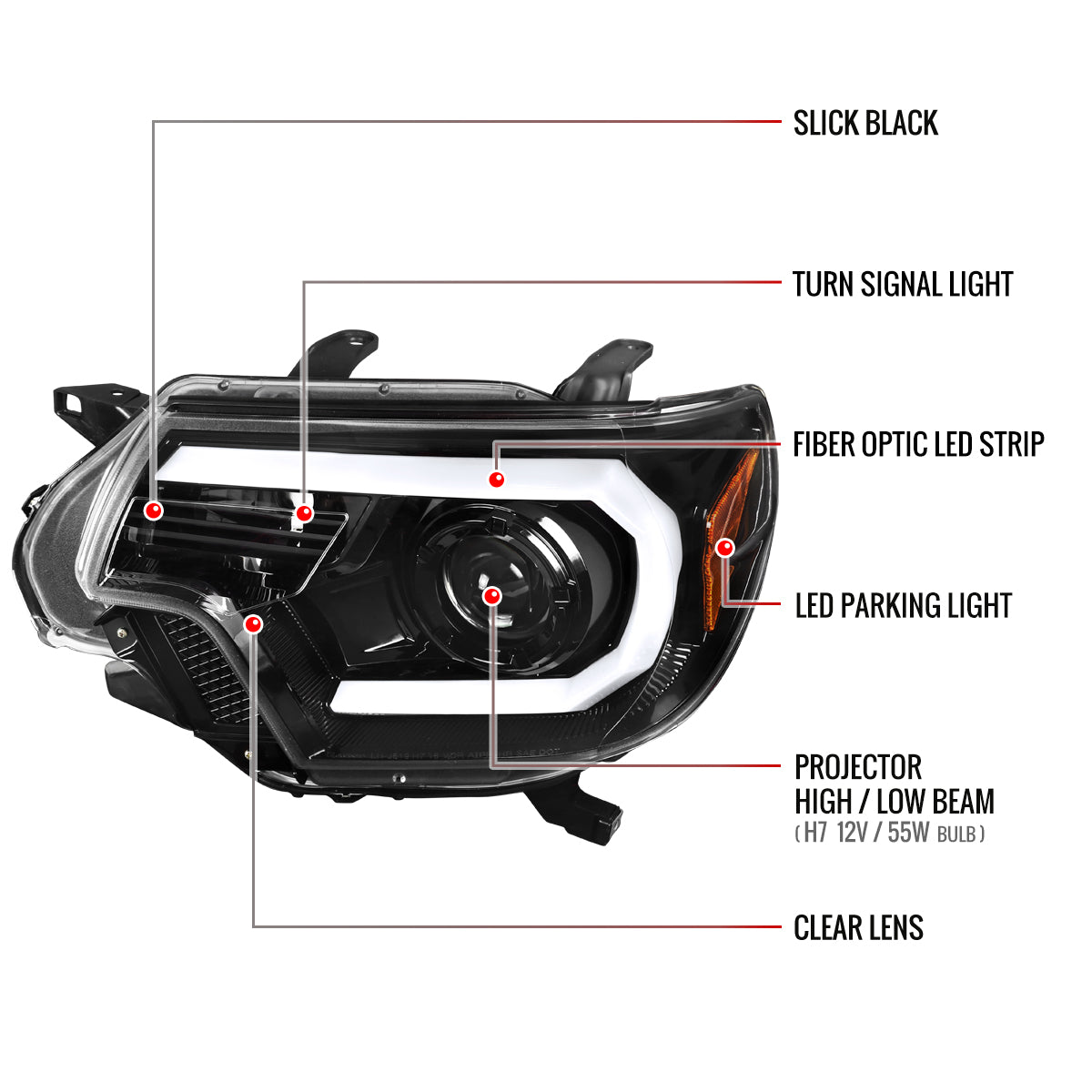 2012-2015 Toyota Tacoma LED C-Bar Projector Headlights (Jet Black Housing/Clear Lens)
