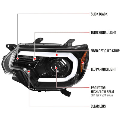2012-2015 Toyota Tacoma LED C-Bar Projector Headlights (Jet Black Housing/Clear Lens)