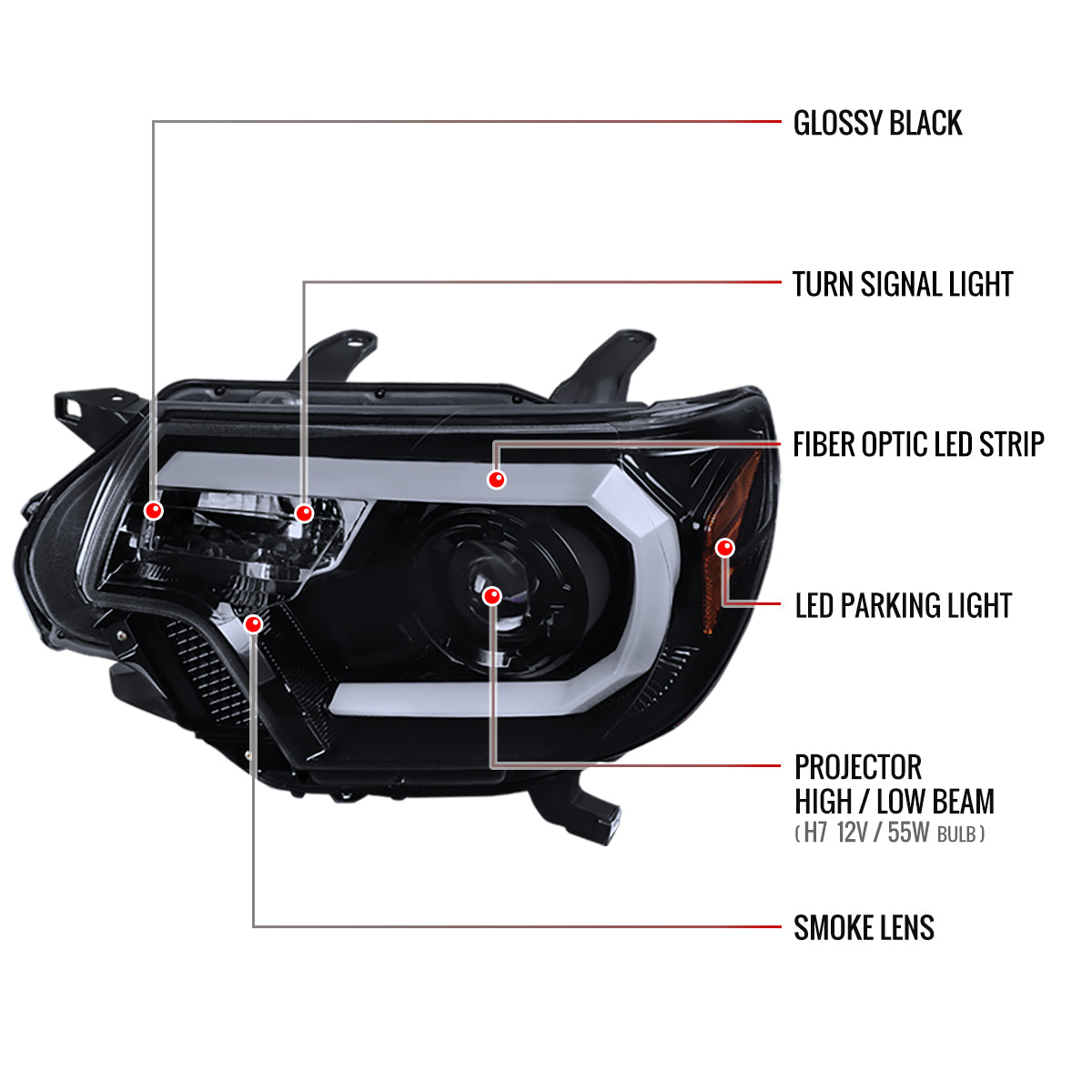 2012-2015 Toyota Tacoma LED C-Bar Projector Headlights (Glossy Black Housing/Smoked Lens)