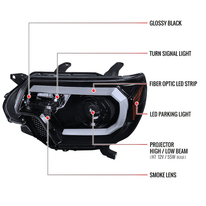 2012-2015 Toyota Tacoma LED C-Bar Projector Headlights (Glossy Black Housing/Smoked Lens)