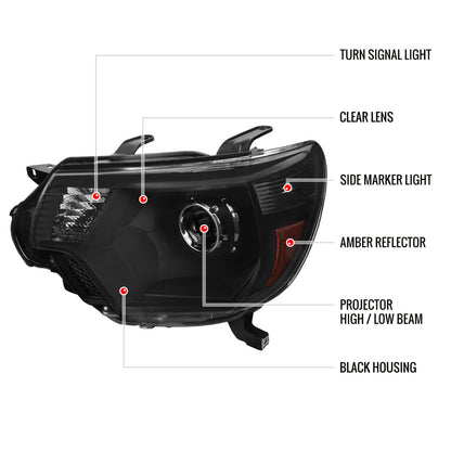 2012-2015 Toyota Tacoma Retro Style Projector Headlights (Matte Black Housing/Clear Lens)