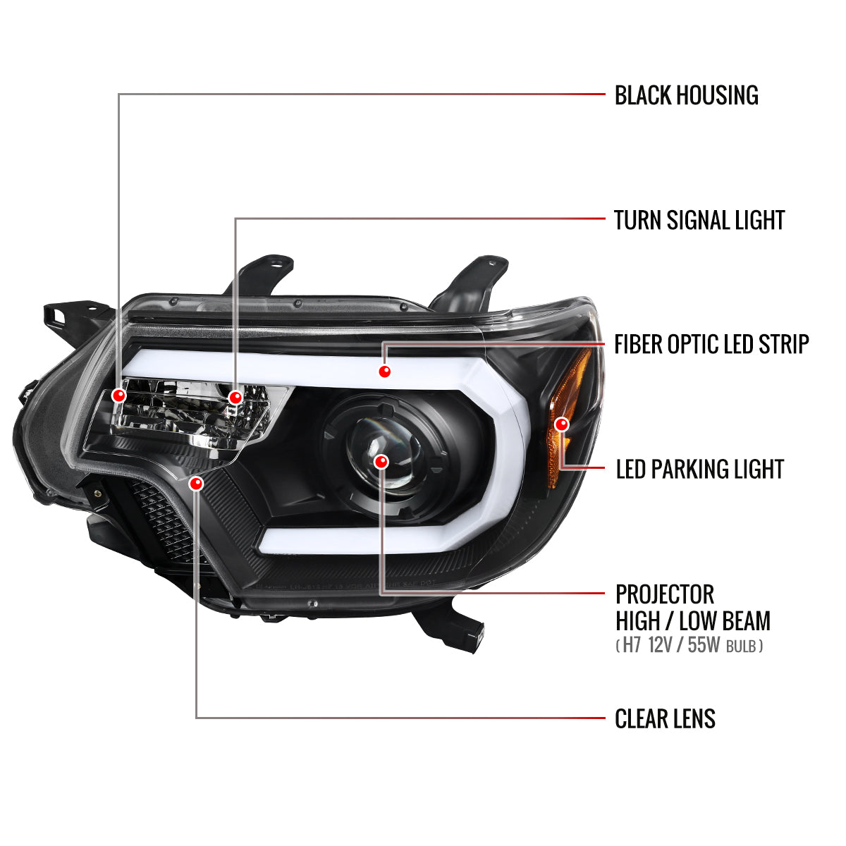 2012-2015 Toyota Tacoma LED C-Bar Projector Headlights (Matte Black Housing/Clear Lens)
