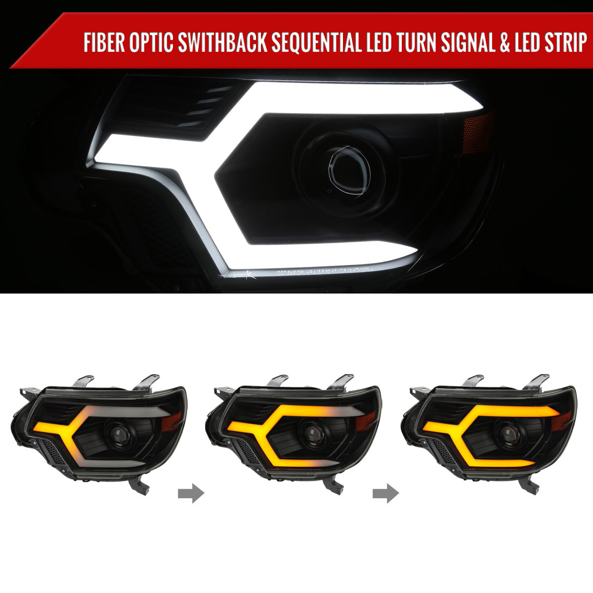 2012-2015 Toyota Tacoma Switchback Sequential LED Bar Projector Headlights (Matte Black Housing/Smoked Lens)