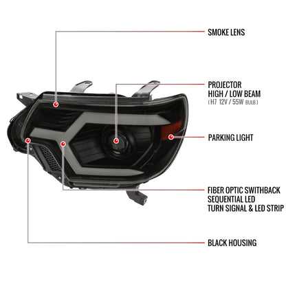 2012-2015 Toyota Tacoma Switchback Sequential LED Bar Projector Headlights (Matte Black Housing/Smoked Lens)
