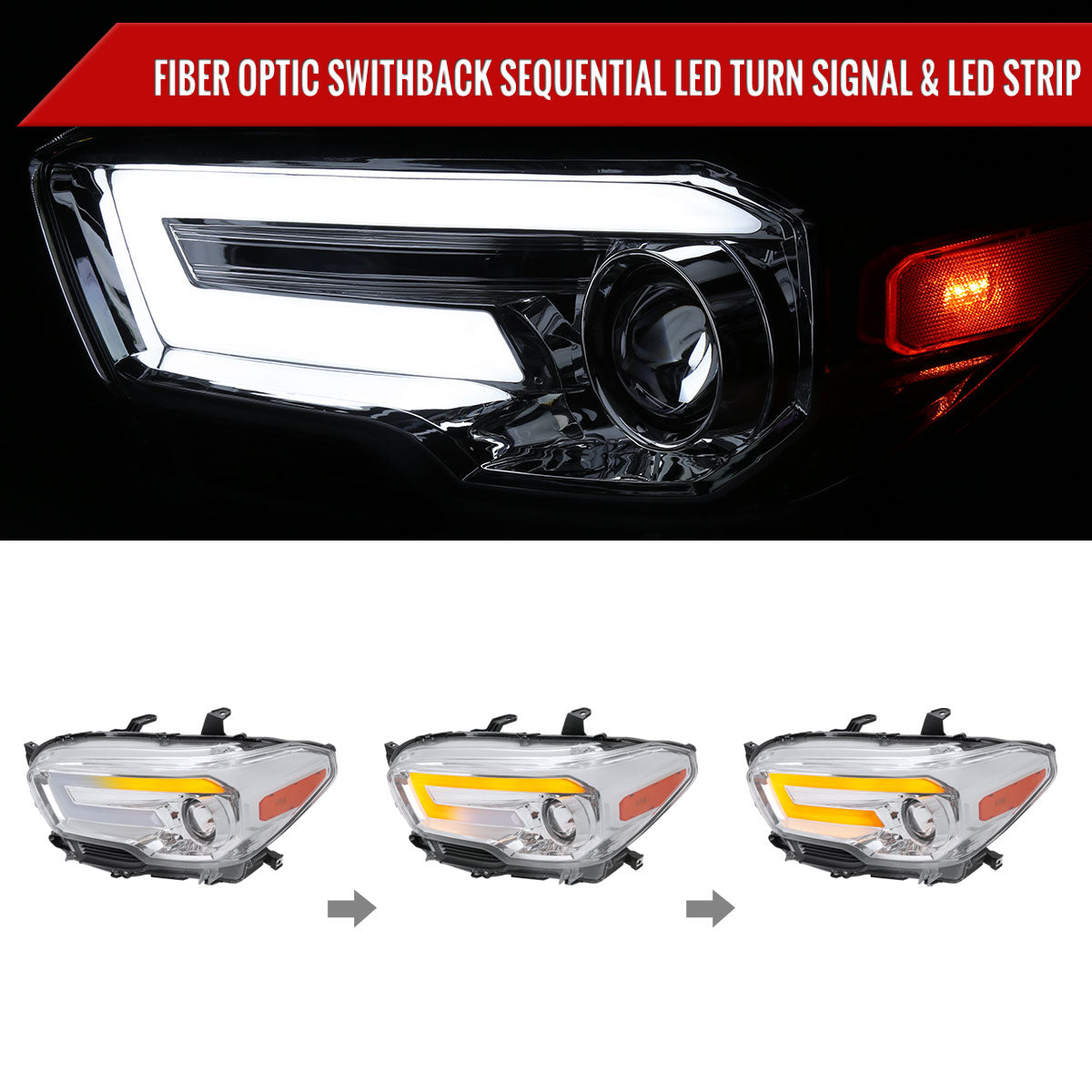 2016-2023 Toyota Tacoma Switchback Sequential LED Bar Projector Headlights (Chrome Housing/Clear Lens)