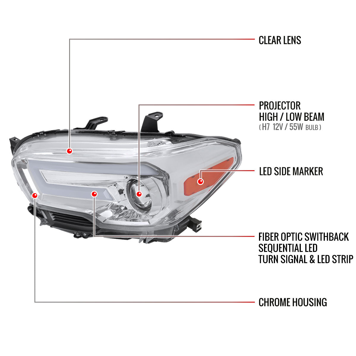 2016-2023 Toyota Tacoma Switchback Sequential LED Bar Projector Headlights (Chrome Housing/Clear Lens)