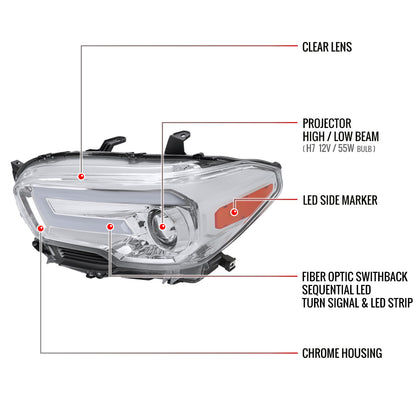 2016-2023 Toyota Tacoma Switchback Sequential LED Bar Projector Headlights (Chrome Housing/Clear Lens)