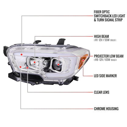 2016-2023 Toyota Tacoma Switchback LED C-Bar Projector Headlights (Chrome Housing/Clear Lens)