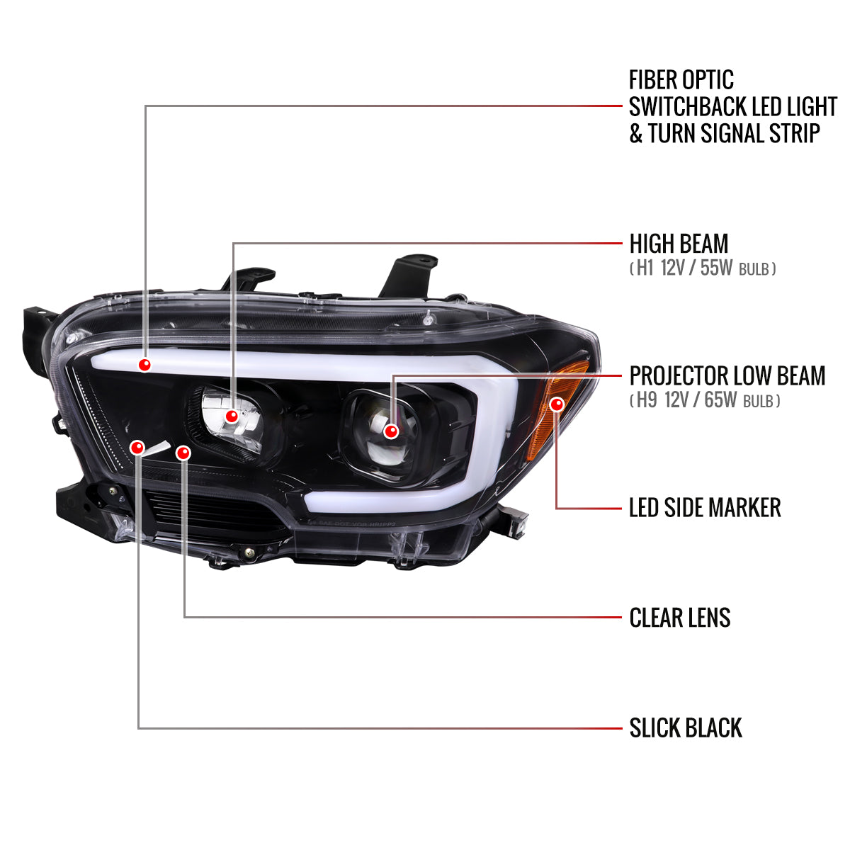2016-2023 Toyota Tacoma Switchback LED C-Bar Projector Headlights (Glossy Black Housing/Clear Lens)