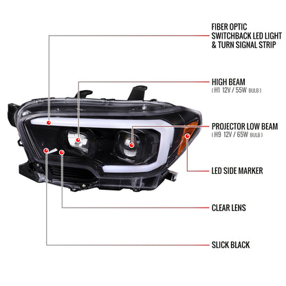 2016-2023 Toyota Tacoma Switchback LED C-Bar Projector Headlights (Glossy Black Housing/Clear Lens)