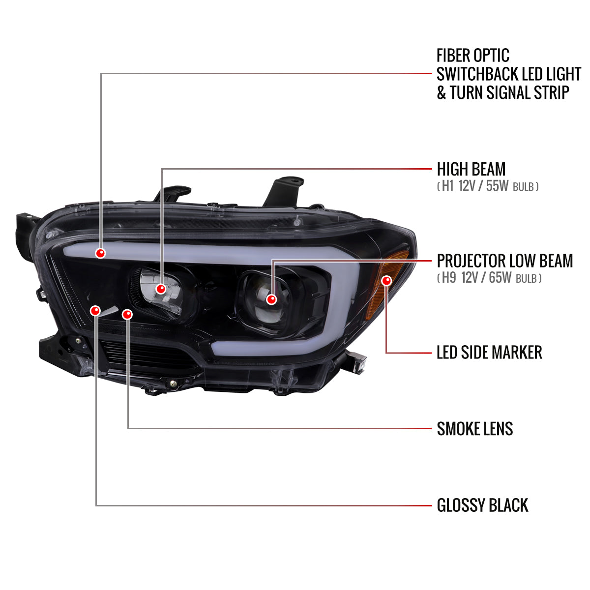 2016-2023 Toyota Tacoma Switchback LED C-Bar Projector Headlights (Glossy Black Housing/Smoked Lens)
