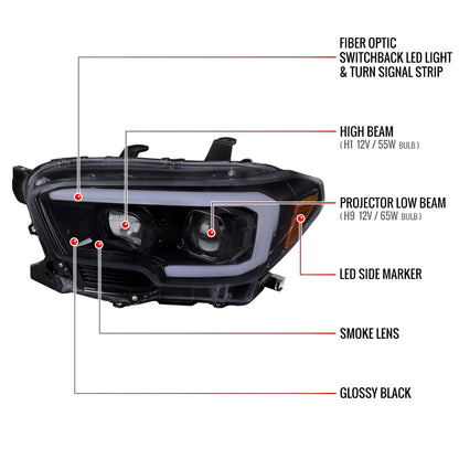 2016-2023 Toyota Tacoma Switchback LED C-Bar Projector Headlights (Glossy Black Housing/Smoked Lens)