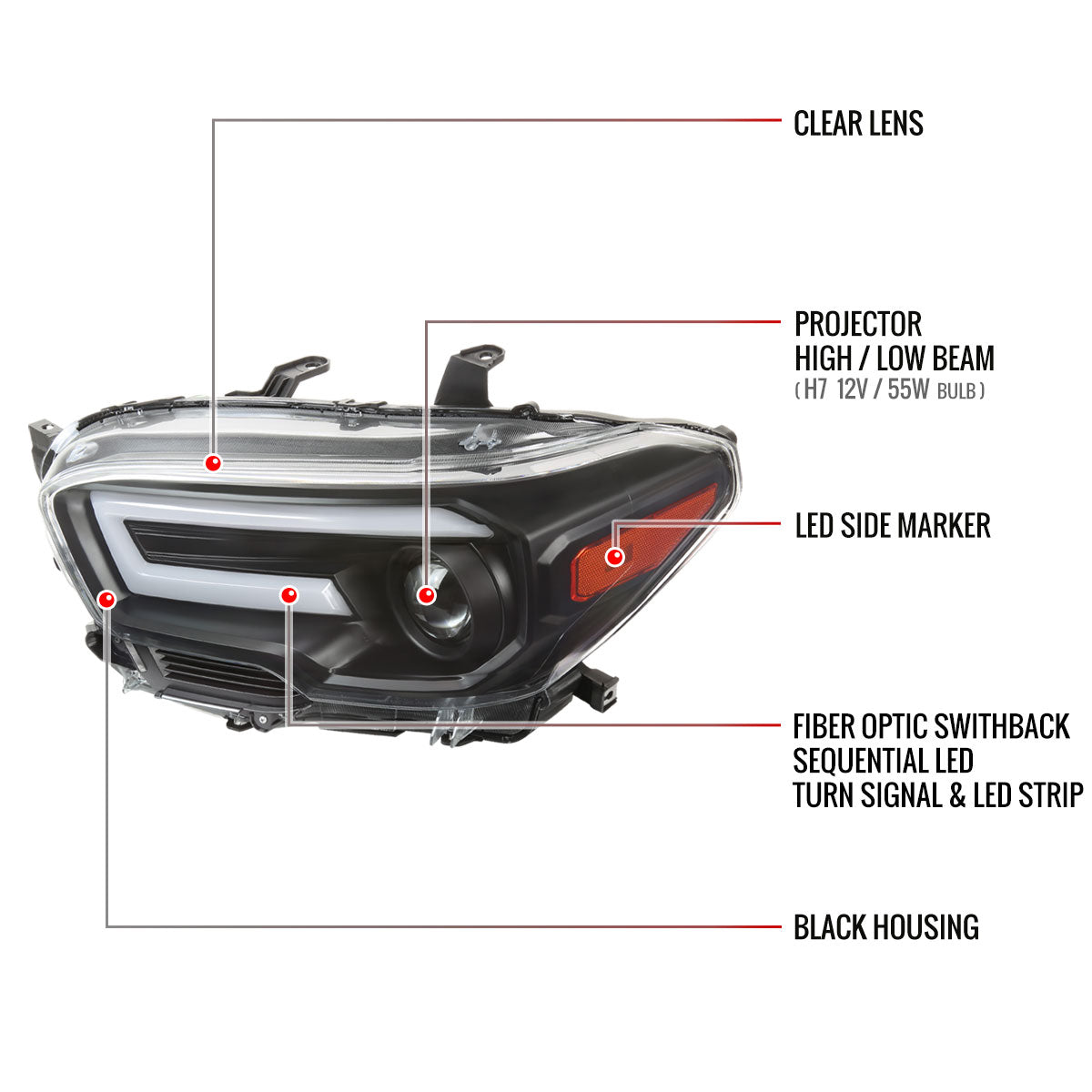 2016-2023 Toyota Tacoma Switchback Sequential LED Bar Projector Headlights (Matte Black Housing/Clear Lens)