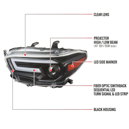 2016-2023 Toyota Tacoma Switchback Sequential LED Bar Projector Headlights (Matte Black Housing/Clear Lens)