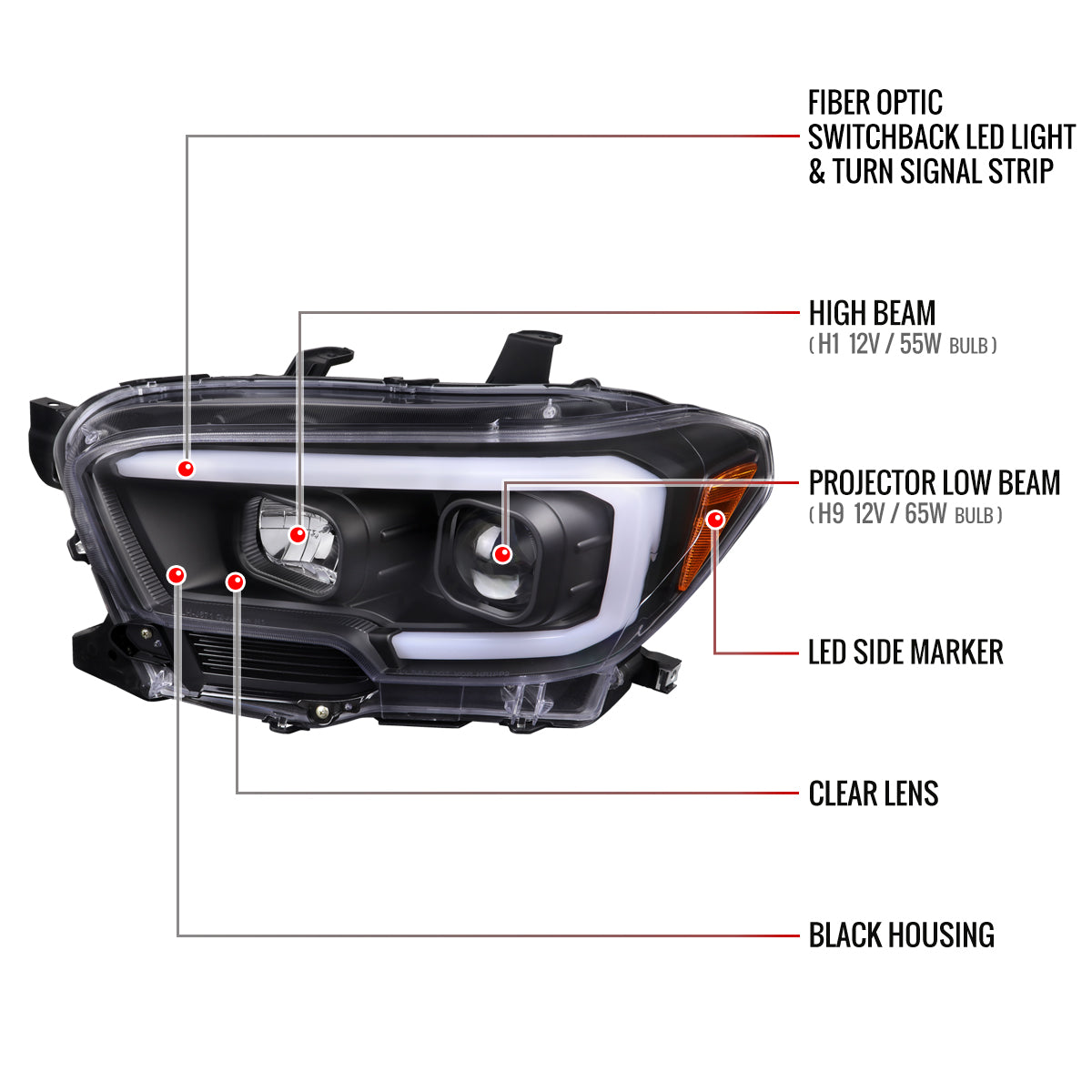 2016-2023 Toyota Tacoma Switchback LED C-Bar Projector Headlights (Matte Black Housing/Clear Lens)