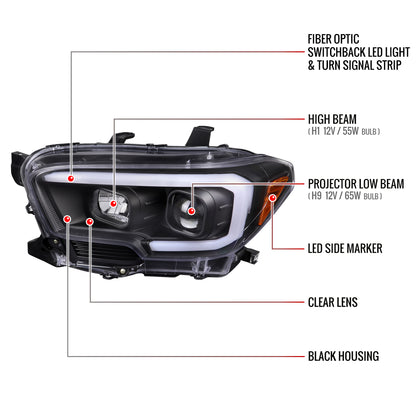 2016-2023 Toyota Tacoma Switchback LED C-Bar Projector Headlights (Matte Black Housing/Clear Lens)