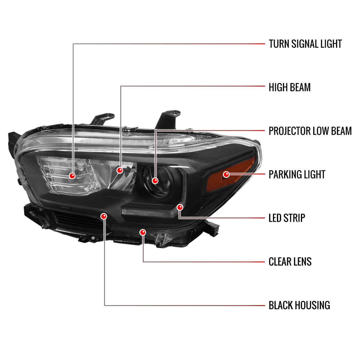 2016-2023 Toyota Tacoma LED Bar Projector Headlight (Matte Black Housing/Clear Lens)