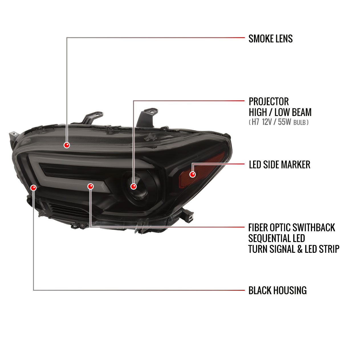 2016-2023 Toyota Tacoma Switchback Sequential LED Bar Projector Headlights (Black Housing/Smoked Lens)