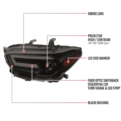 2016-2023 Toyota Tacoma Switchback Sequential LED Bar Projector Headlights (Black Housing/Smoked Lens)