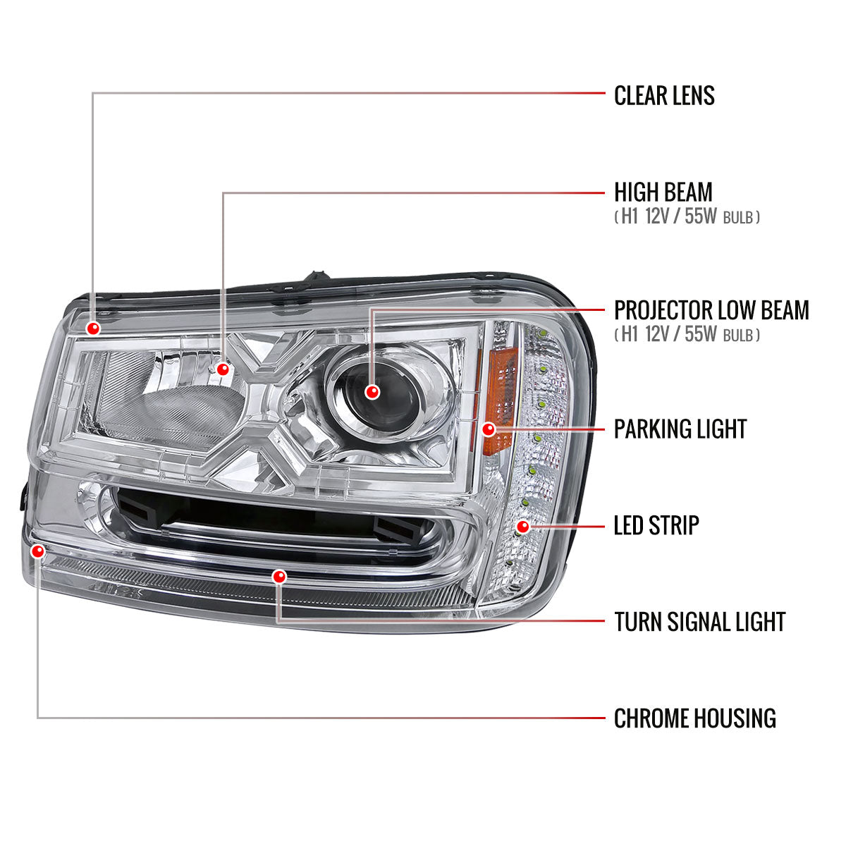 2002-2009 Chevrolet Trailblazer Projector Headlights w/ LED Light Strip (Chrome Housing/Clear Lens)