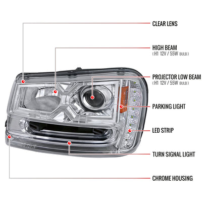 2002-2009 Chevrolet Trailblazer Projector Headlights w/ LED Light Strip (Chrome Housing/Clear Lens)
