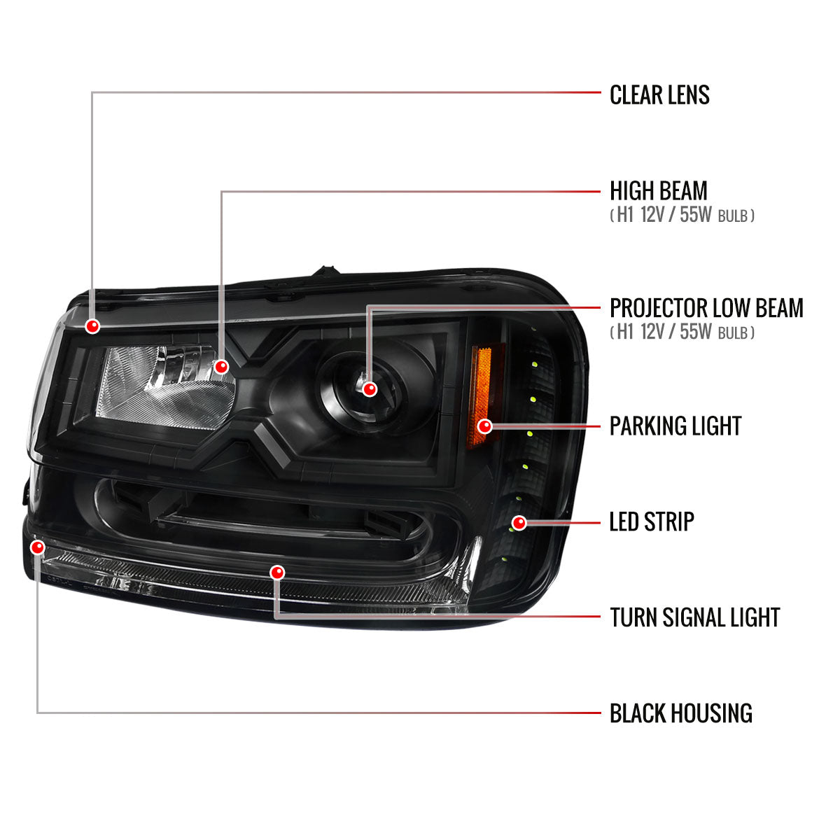 2002-2009 Chevrolet Trailblazer Projector Headlights w/ LED Light Strip (Matte Black Housing/Clear Lens)