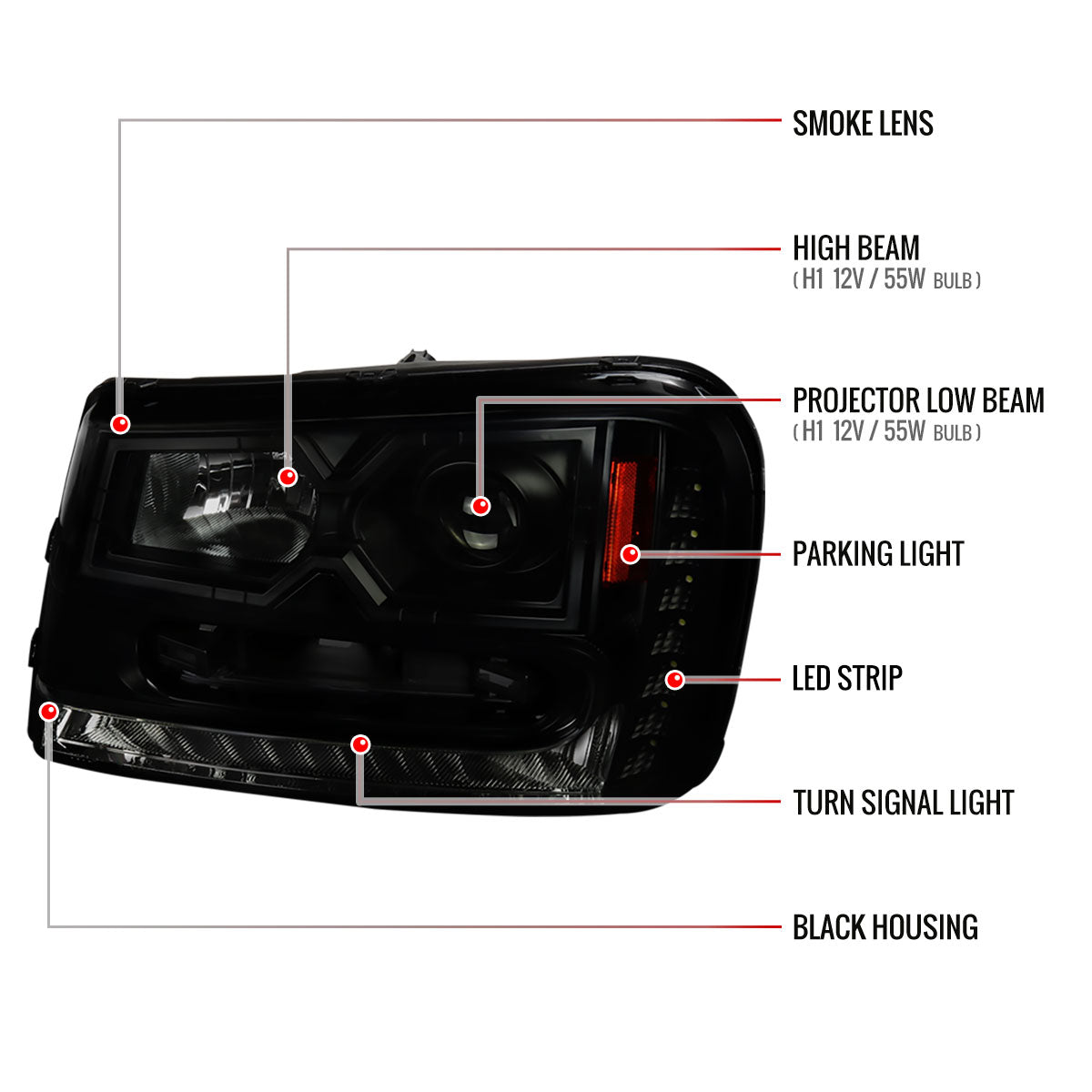 2002-2009 Chevrolet Trailblazer Projector Headlights w/ LED Light Strip (Black Housing/Smoked Lens)