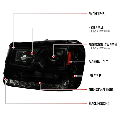 2002-2009 Chevrolet Trailblazer Projector Headlights w/ LED Light Strip (Black Housing/Smoked Lens)