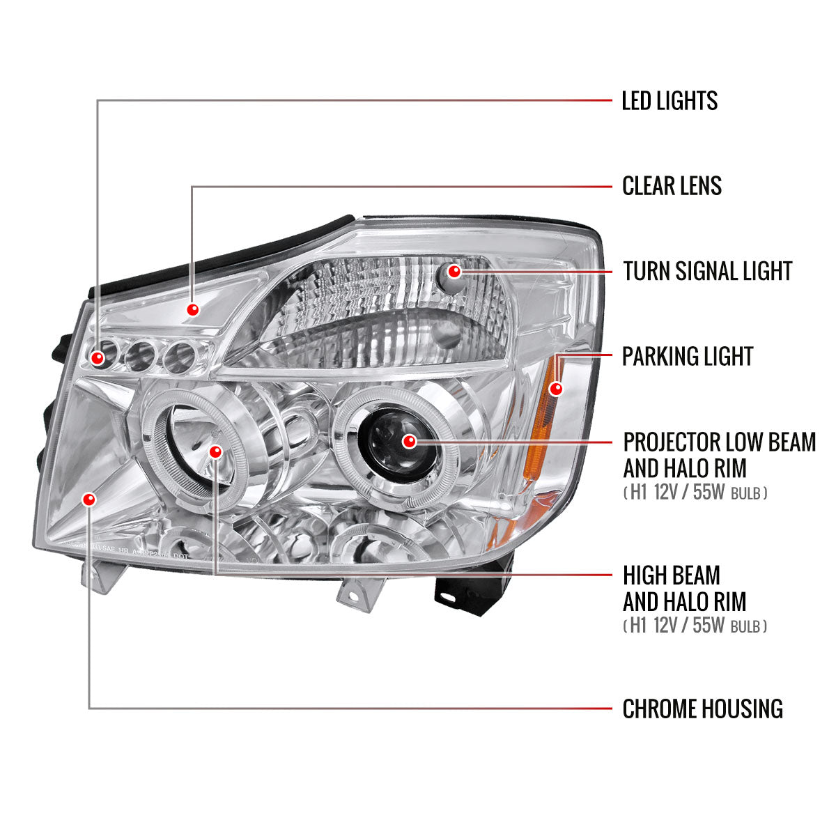 2004-2015 Nissan Titan/ 2004-2007 Armada Dual Halo Projector Headlights (Chrome Housing/Clear Lens)