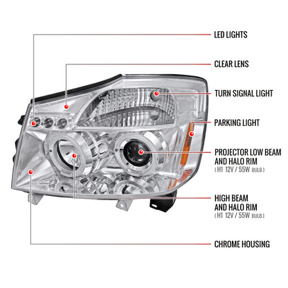2004-2015 Nissan Titan/ 2004-2007 Armada Dual Halo Projector Headlights (Chrome Housing/Clear Lens)