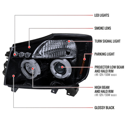 2004-2015 Nissan Titan/ 2004-2007 Armada Dual Halo Projector Headlights (Glossy Black Housing/Smoked Lens)