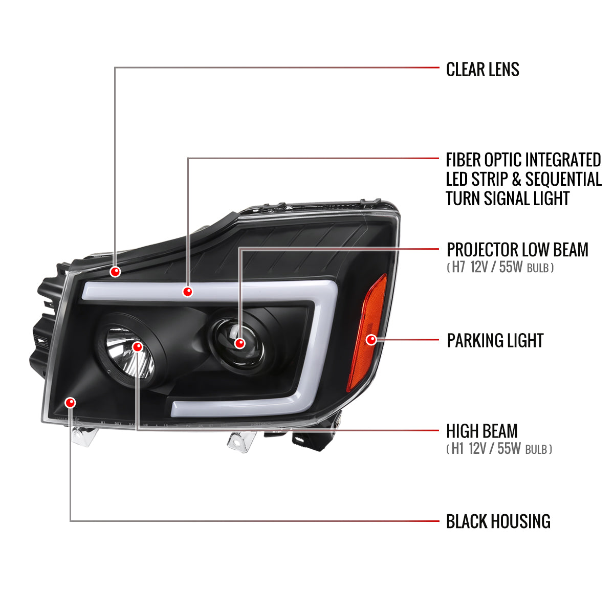 2004-2015 Nissan Titan / 2004-2007 Armada LED C-Bar Projector Headlights w/ Switchback Sequential Turn Signals (Matte Black Housing/Clear Lens)