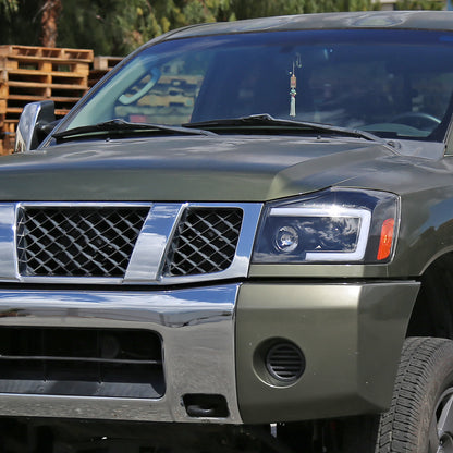 2004-2015 Nissan Titan / 2004-2007 Armada LED C-Bar Projector Headlights w/ Switchback Sequential Turn Signals (Matte Black Housing/Clear Lens)