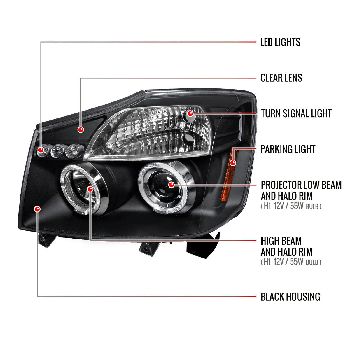 2004-2015 Nissan Titan/ 2004-2007 Armada Dual Halo Projector Headlights (Matte Black Housing/Clear Lens)