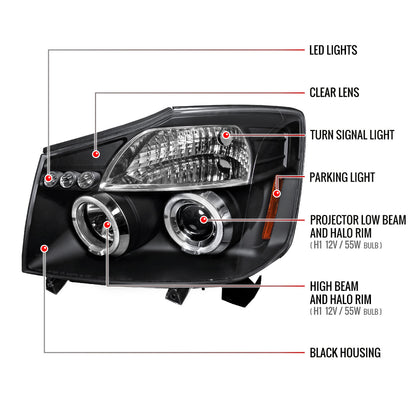 2004-2015 Nissan Titan/ 2004-2007 Armada Dual Halo Projector Headlights (Matte Black Housing/Clear Lens)