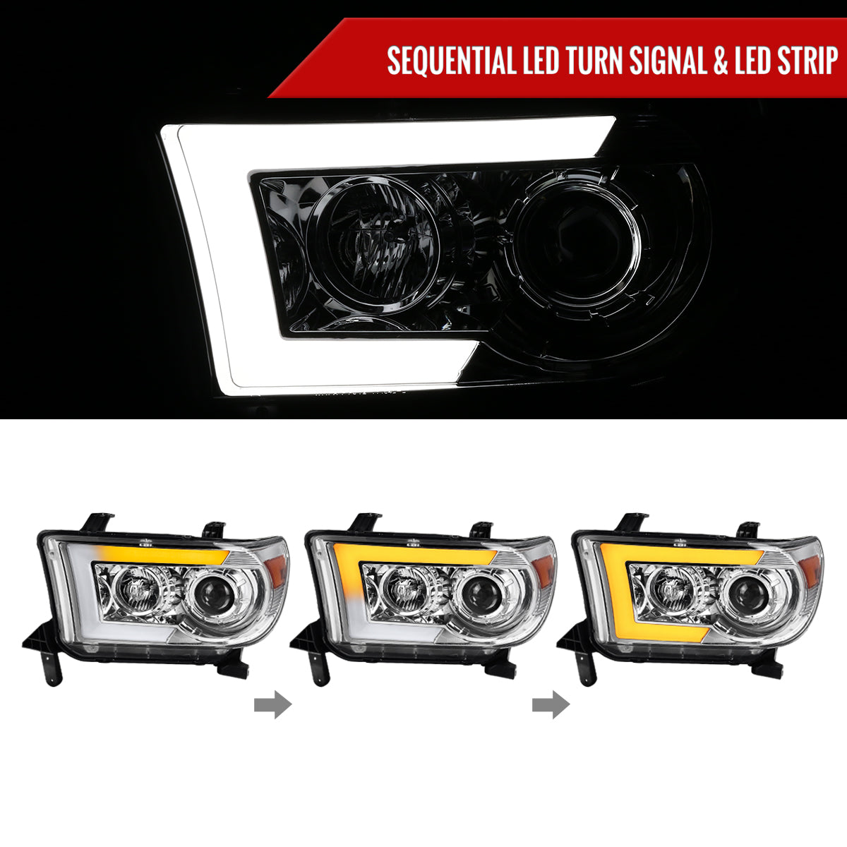 2007-2013 Toyota Tundra/ 2008-2017 Sequoia Switchback Sequential LED C-Bar Projector Headlights (Chrome Housing/Clear Lens)