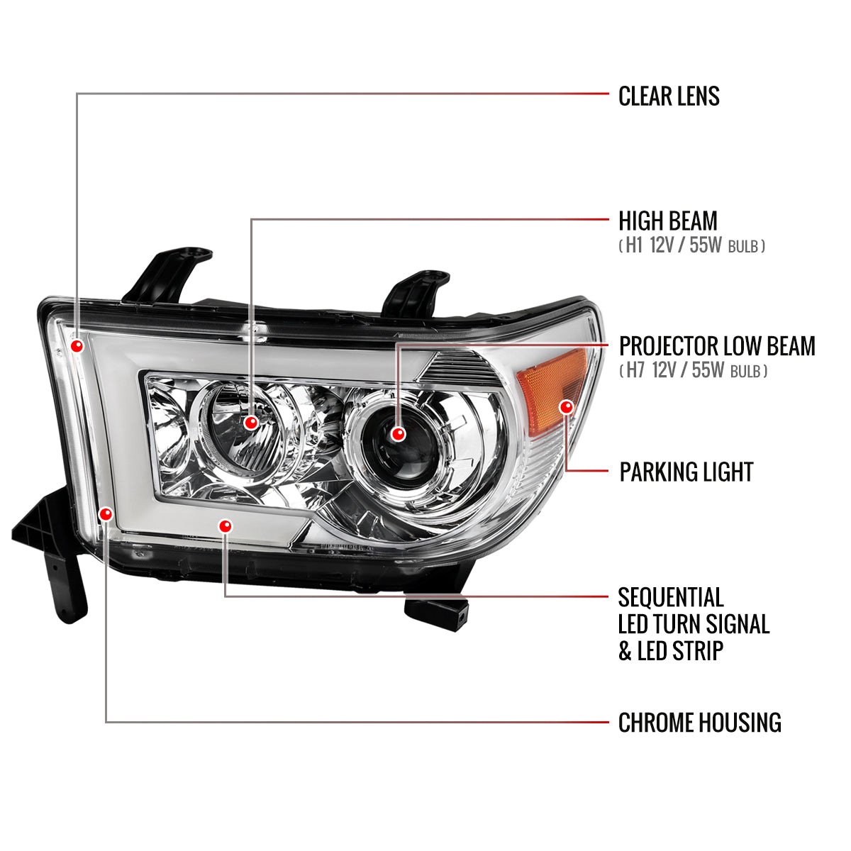 2007-2013 Toyota Tundra/ 2008-2017 Sequoia Switchback Sequential LED C-Bar Projector Headlights (Chrome Housing/Clear Lens)