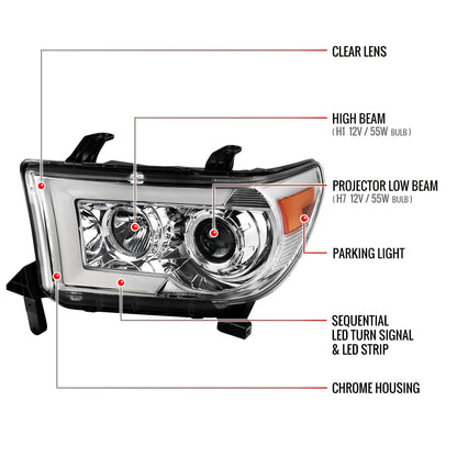 2007-2013 Toyota Tundra/ 2008-2017 Sequoia Switchback Sequential LED C-Bar Projector Headlights (Chrome Housing/Clear Lens)