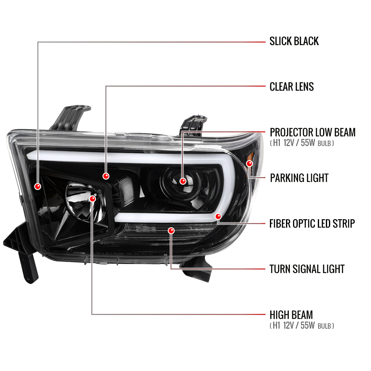 2007-2013 Toyota Tundra/ 2008-2017 Sequoia LED C-Bar Projector Headlights (Jet Black Housing/Clear Lens)