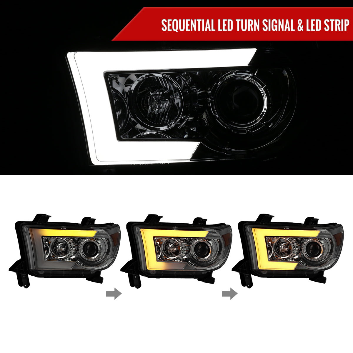 2007-2013 Toyota Tundra/ 2008-2017 Sequoia Switchback Sequential LED C-Bar Projector Headlights (Chrome Housing/Smoked Lens)