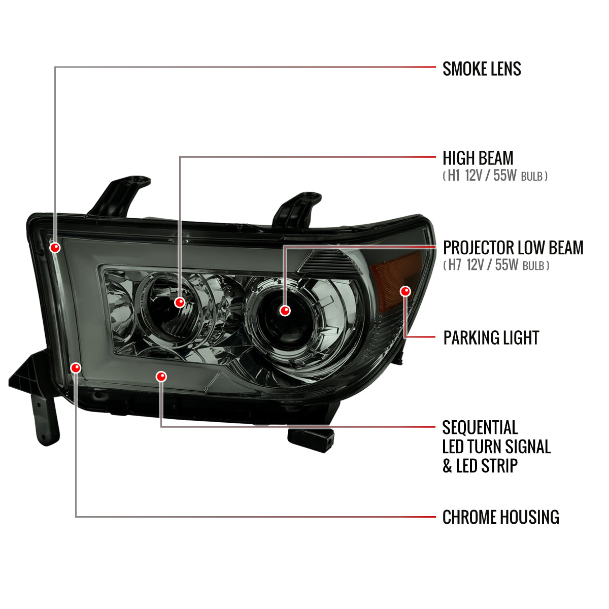 2007-2013 Toyota Tundra/ 2008-2017 Sequoia Switchback Sequential LED C-Bar Projector Headlights (Chrome Housing/Smoked Lens)