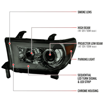 2007-2013 Toyota Tundra/ 2008-2017 Sequoia Switchback Sequential LED C-Bar Projector Headlights (Chrome Housing/Smoked Lens)