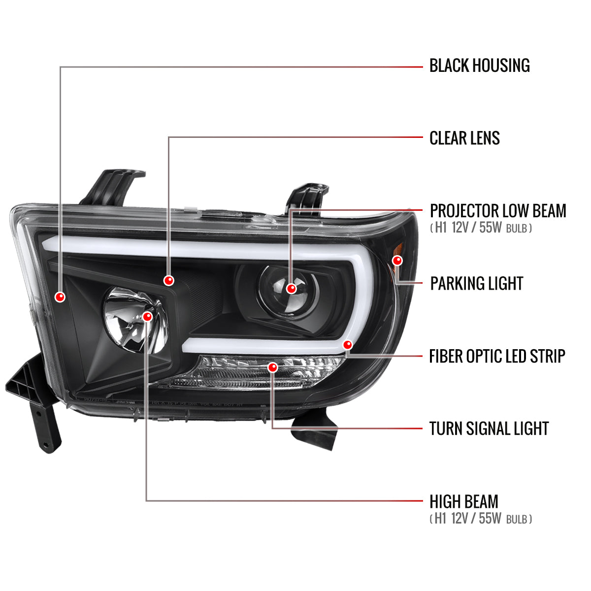 2007-2013 Toyota Tundra/ 2008-2017 Sequoia LED C-Bar Projector Headlights (Black Housing/Clear Lens)