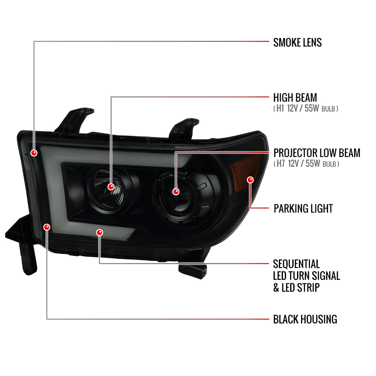 2007-2013 Toyota Tundra/ 2008-2017 Sequoia Switchback Sequential LED C-Bar Projector Headlights (Black Housing/Smoked Lens)