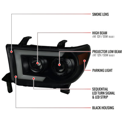 2007-2013 Toyota Tundra/ 2008-2017 Sequoia Switchback Sequential LED C-Bar Projector Headlights (Black Housing/Smoked Lens)