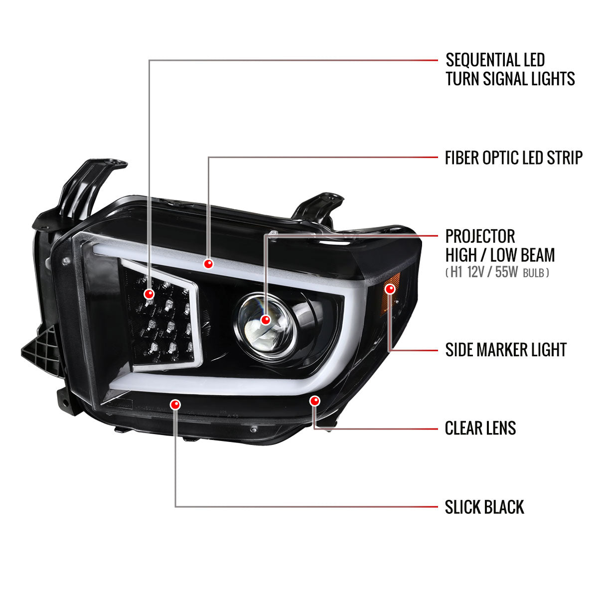 2014-2021 Toyota Tundra LED C-Bar Projector Headlights w/ Sequential Turn Signal Lights (Jet Black Housing/Clear Lens)