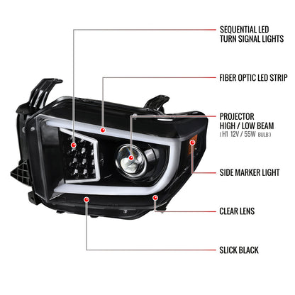 2014-2021 Toyota Tundra LED C-Bar Projector Headlights w/ Sequential Turn Signal Lights (Jet Black Housing/Clear Lens)