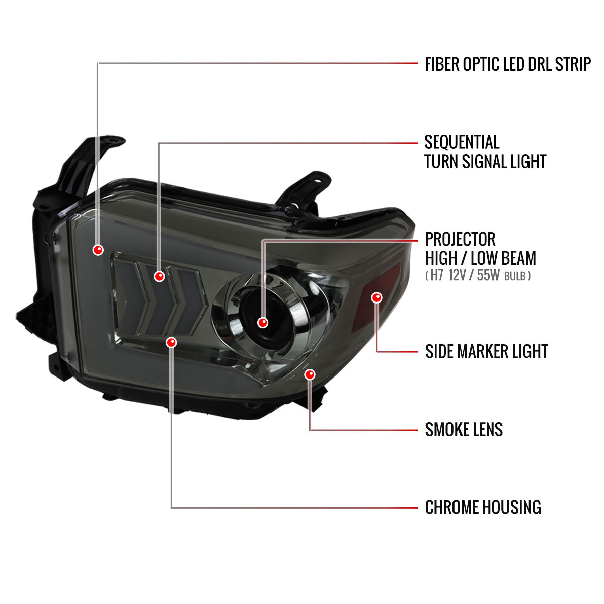 2014-2021 Toyota Tundra LED C-Bar Projector Headlights w/ Sequential Arrow Turn Signals (Chrome Housing/Smoked Lens)